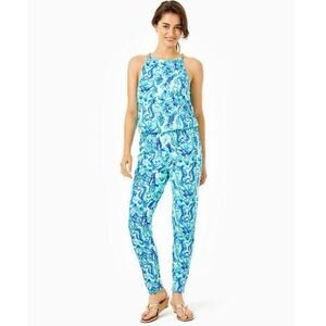Lilly Pulitzer Womens Medium Blue Keeran Jumpsuit Seaglass Aqua Beach Vacation